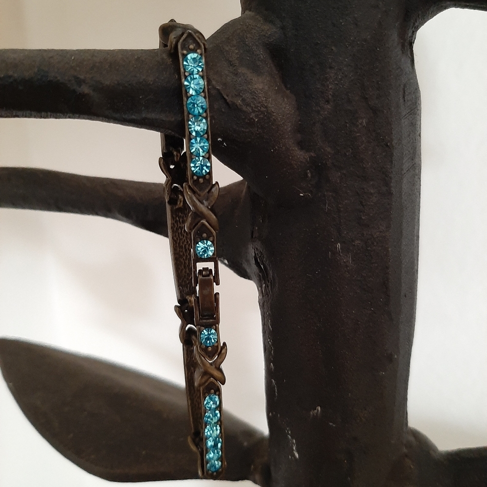 Bracelet Bronze Tones Turquoise Rhinestones